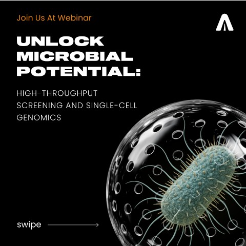 Atrandi webinar slide, Unlock microbial potential: high-throughput screening and single-cell genomics, with a bacterium inside a clear capsule.
