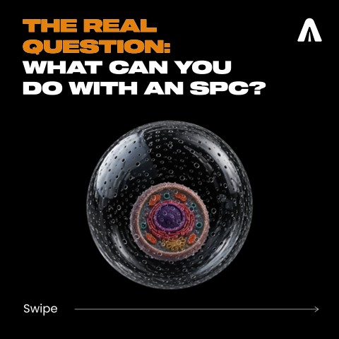 A cell inside a clear capsule, under the question: what can you do with an SPC?