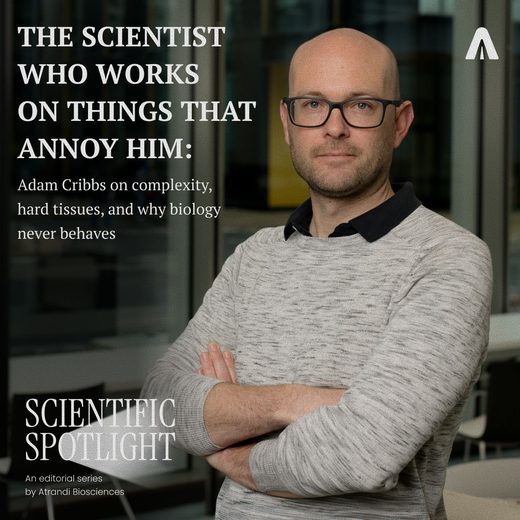 Portrait of a scientist for Atrandi's Scientific Spotlight series, headlined: the scientist who works on things that annoy him.