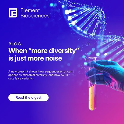 Element Biosciences blog banner: When more diversity is just more noise, beside a gloved hand holding a test tube under a DNA helix.
