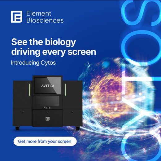 An AVITI24™ sequencer on a blue Element Biosciences banner introducing Cytos™: see the biology driving every screen.