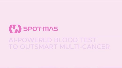 The SPOT-MAS logo on a pale pink card: AI-powered blood test to outsmart multi-cancer.