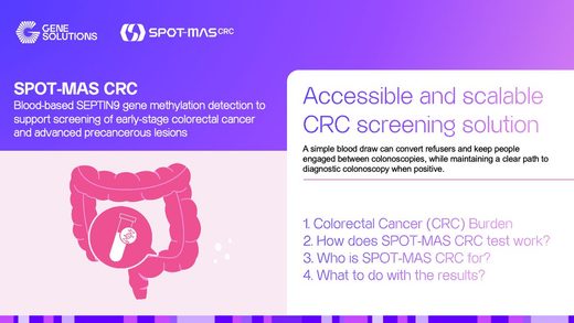 SPOT-MAS CRC slide: blood-based SEPTIN9 gene methylation detection for early colorectal cancer, beside an illustration of the colon.