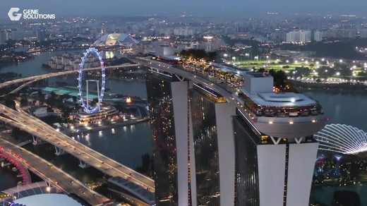 An aerial view of Singapore's Marina Bay at dusk, with the Gene Solutions logo.