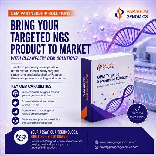 Paragon Genomics poster for CleanPlex® OEM solutions, listing custom panels, private-label options, scalable manufacturing and dedicated support, beside a product box.