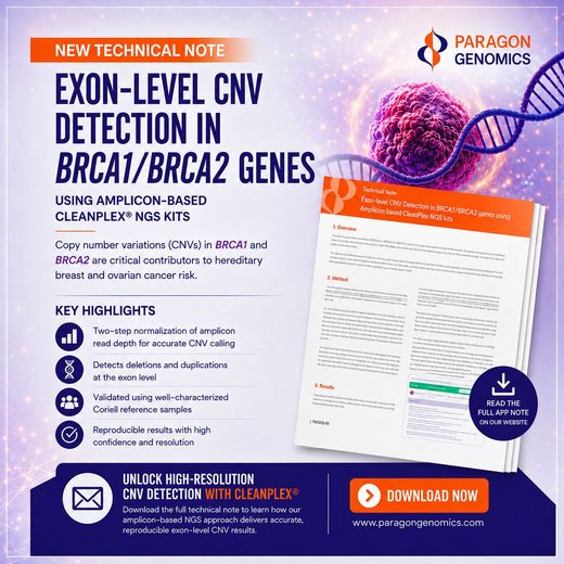 Paragon Genomics technical note on exon-level CNV detection in BRCA1 and BRCA2 with CleanPlex® NGS kits, with its key highlights listed.