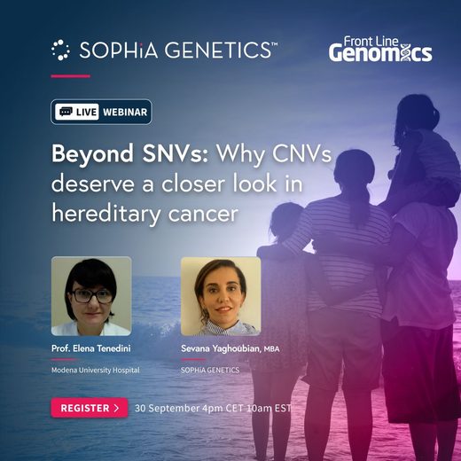 SOPHiA GENETICS and Front Line Genomics webinar card: Beyond SNVs, why CNVs deserve a closer look in hereditary cancer, on 30 September.