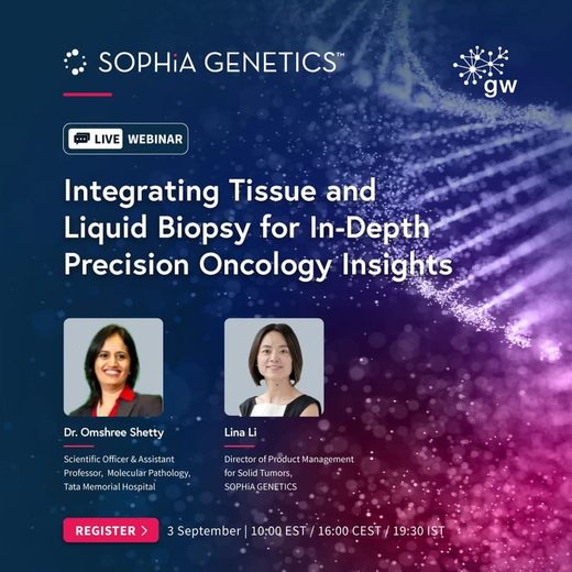 SOPHiA GENETICS live webinar card, Integrating tissue and liquid biopsy for in-depth precision oncology insights, with photographs of its two speakers.