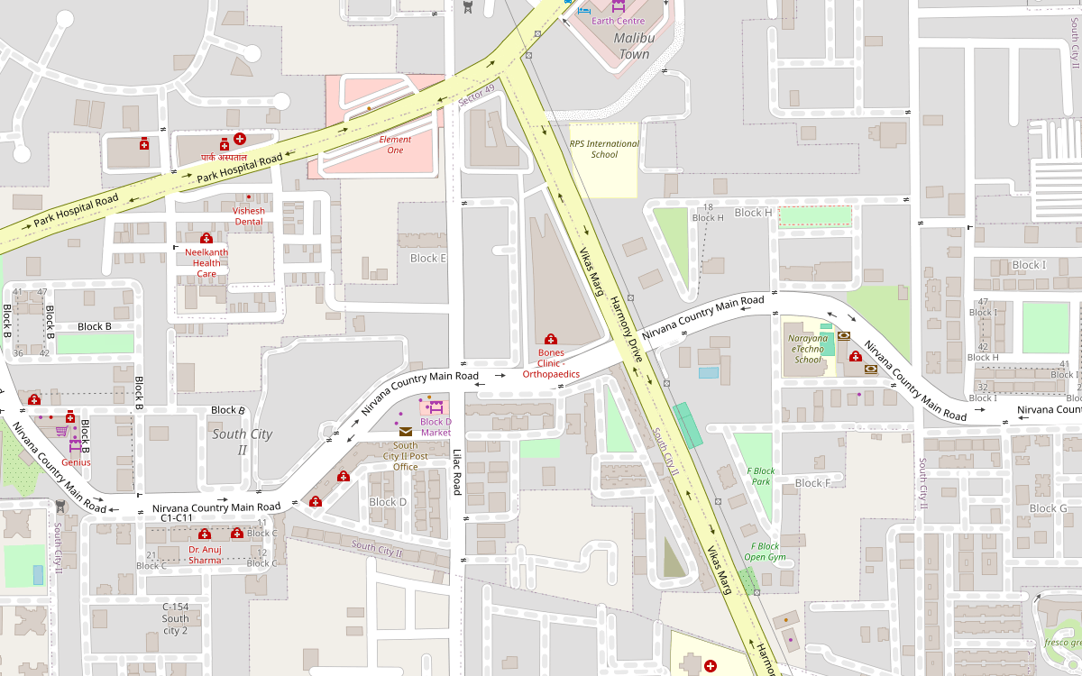 Map of South City II, Sector 49, Gurugram, with the Genique office marked at Unitech Arcadia