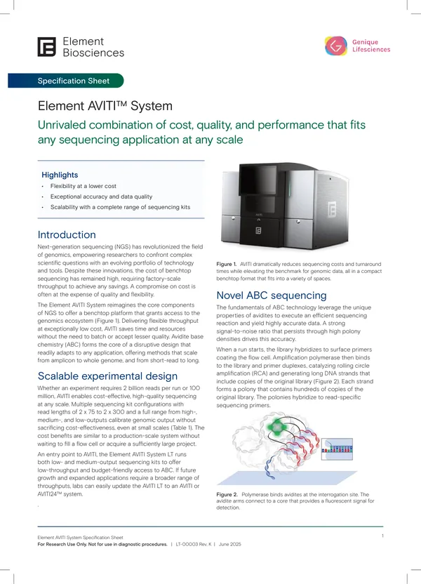 First page of Element AVITI™ System Specification Sheet
