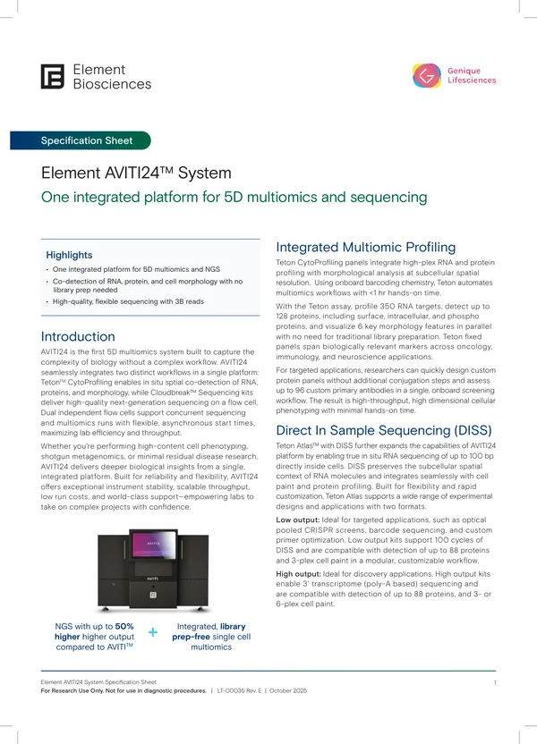 First page of Element AVITI24™ System Specification Sheet